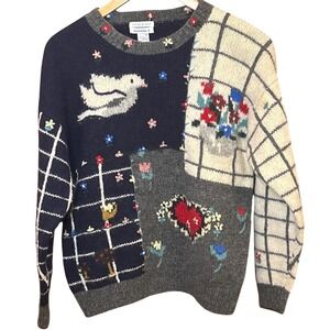 Vintage 90s Susan D Hand Knit Folk Art Wool Sweater Patchwork Bird Cottagecore